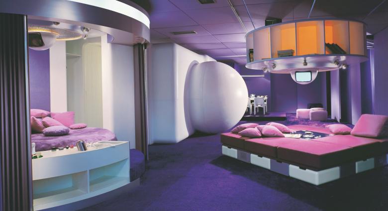 Joe Colombo (designer and client), Visiona I, bedroom-living room, Milan, Italy, completed 1968.