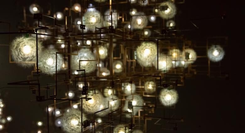 Studio Drfit, Fragile Future 3. Dandelion seeds, metal electrical circuits, LED lights.