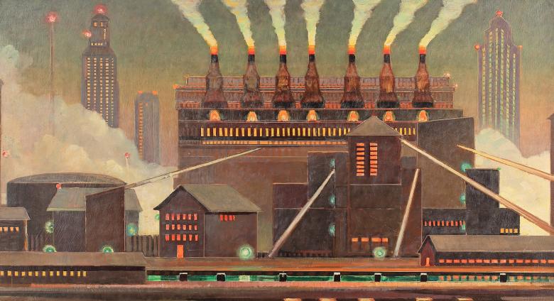 Olin Travis (1888-1975) Entrance to Chicago - Evening, 1961, oil on masonite 23.74” x 35.75"