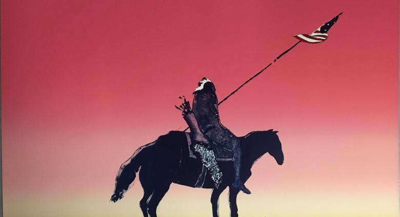 a dark figure with a long spear riding a black horse set against a red sky