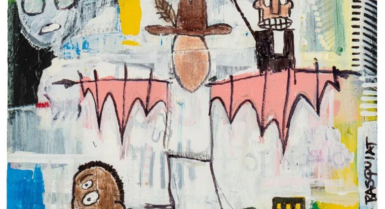 From Thad Mumford’s storage unit, said to be by Basquiat, “Untitled (Self-portrait with his cowboy hat and wearing Leonardo da Vinci’s flying suit),” from 1982 on corrugated cardboard.