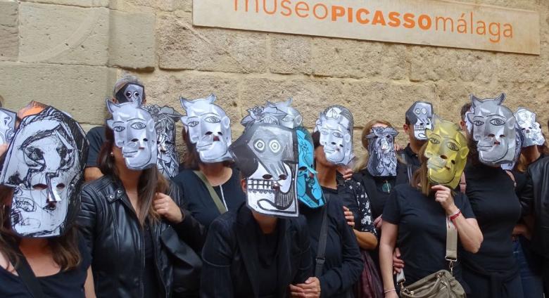 Workers stood outside the Picasso Museum Malaga in May, wearing masks of faces from Picasso’s oeuvre. Source: MPM Workers Twitter