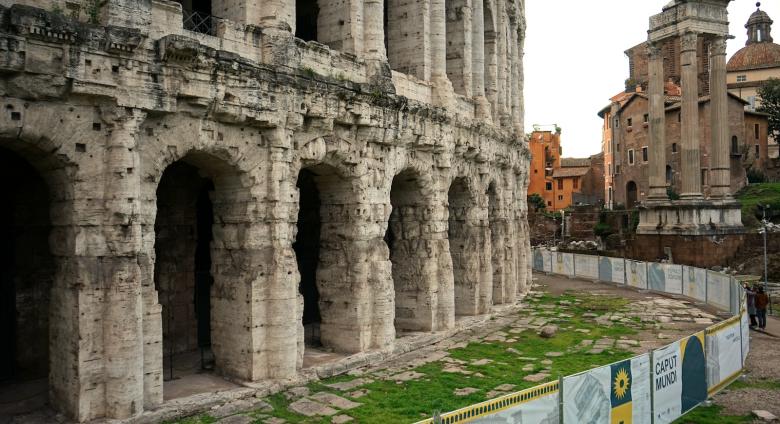 The ancient theatre of Marcellus surrounded by awnings