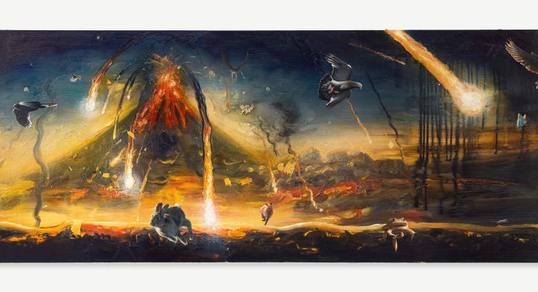 Alexis Rockman, Mt. Vesuvius, Autumn, 79 AD, 2024, Oil and cold wax on wood, 36 x 84 in.