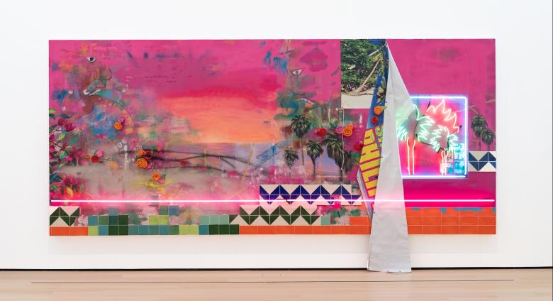 Let Us Gather in a Flourishing Way installation view. Patrick Martinez, Promised Land, 2022. Acrylic, stucco, neon, Mean Streak, ceramic, spray paint, latex house paint, banner tarp, ceramic tile, tile adhesive, and family archive photo collage on panel. 84 × 192 × 7 in. (213.4 × 487.7 × 17.8 cm). Collection Buffalo AKG Art Museum, George B. and Jenny R. Mathews Fund, 2022.
