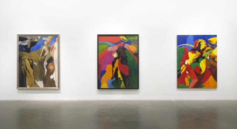 "Art and Race Matters: The Career of Robert Colescott," 2022. New Museum, New York. (L-R) See Colescott's We Await Thee, (1964), Nubian Queen (1966), and Dr. Ehrlich’s Magic Bullet (1968).