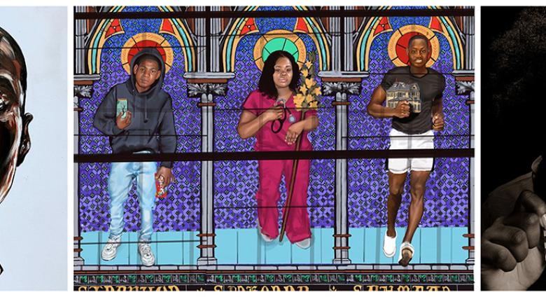 billboard with three works of art