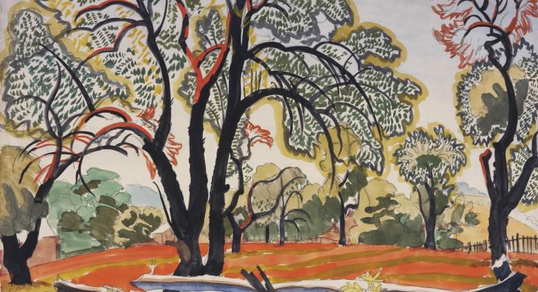 Charles Burchfield (American, 1893–1967), Moon in the Orchard, 1916, transparent and opaque watercolor with graphite on paper. 13 7/8 x 19 7/8 in. Munson Museum of Art, Edward W. Root Bequest, 57.94. 