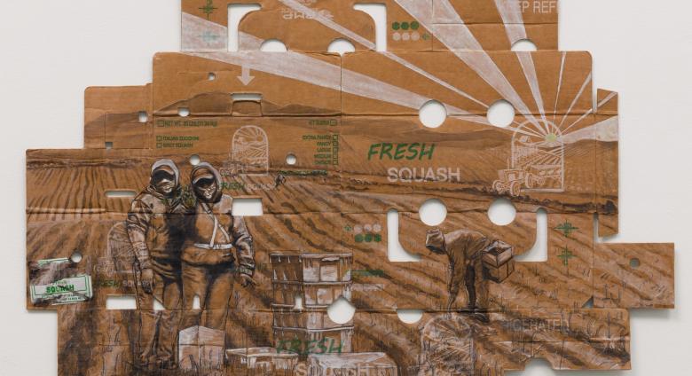 Narsiso Martinez black and white drawing of farm laborers on a used cardboard produce box