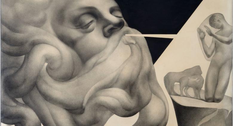 Adolfo Wildt black and white drawing of a large bearded face blowing at a smaller nude figure