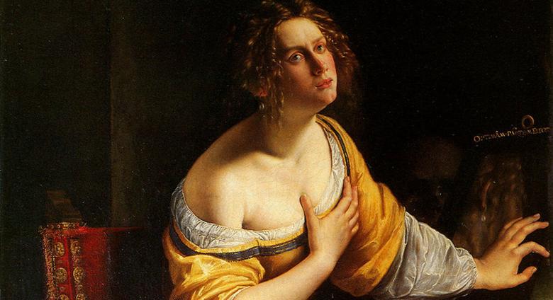 Artemisia Gentileschi, Conversion of the Magdalene/Penitent Mary Magdalene, 1620. Oil on canvas, 57.6 x 42.5 in. (146.5 x 108 cm.), Pitti Palace, Uffizi Galleries, Florence.