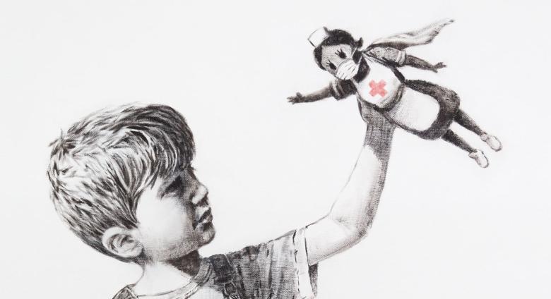 banksy drawing of a child playing with a nurse doll