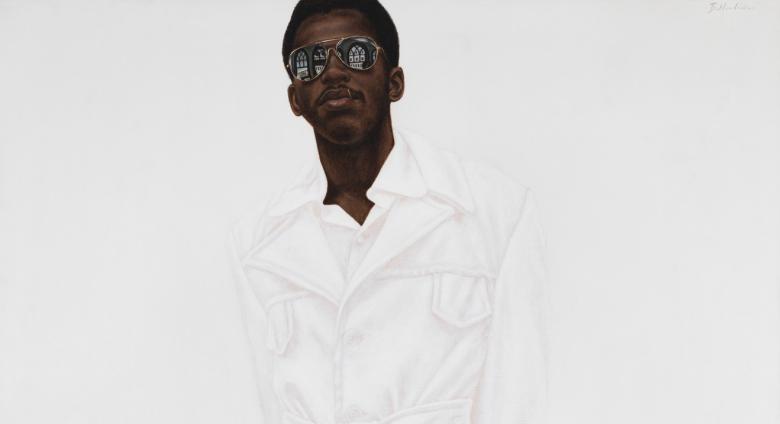 detail of painting that features a black man in white clothes and in front of white background. His glasses reflect gothic church windows.