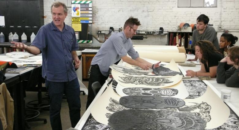 Printmaker Bill Fick with his prints at Maryland Institue College of Art (MICA).