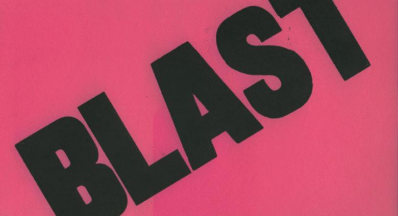Rotated view of an early cover for the magazine BLAST: The Review of the Great English Vortex, 1914. All pink with giant black letters spelling BLAST