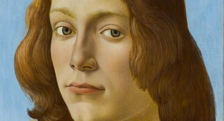 close up of the face of a Botticelli portrait of a young man with shoulder-length strawberry blonde hair