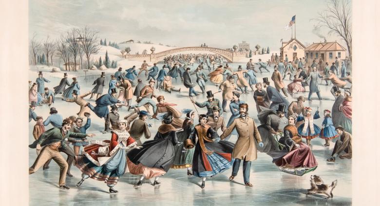 old-fashioned currier & ives lithograph of crowds at an outdoor ice skating rink