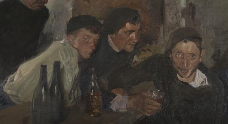 Men drinking painting detail