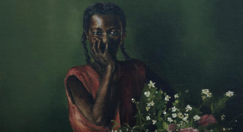 African American Female Portrait, Hand on face beside flowers, green background