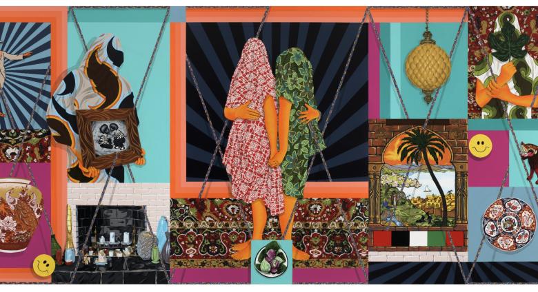 Amir H Fallah painting, two shrouded figures in the center with bright colors and patterns