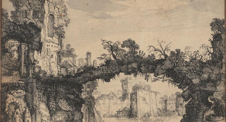 Jan van de Velde drawing of a natural bridge and building ruins