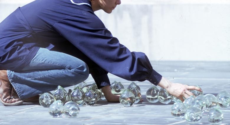 Kathleen Mulcahy installing Drops on a Landscape at Alfred University, Alfred, New York, 1973. 
