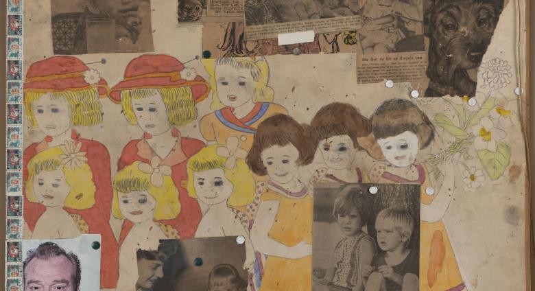 Henry Darger collage with drawing of little girls and photos