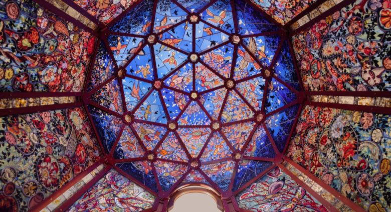 Judith Schaechter, Super/Natural (detail), 2023-2025. Stained-glass panels and wood frame, 96 x 60 x 60 inches. 