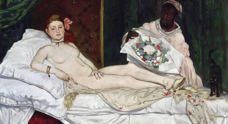 Olympia (1863). Oil on canvas, 130.5 × 190 cm (51.4 × 74.8 in). Musée d'Orsay, Paris