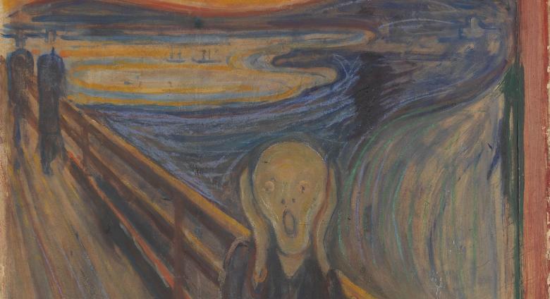Edvard Munch, The Scream, 1893 painting of a wavy figure with hands raised to face and mouth open screaming in front of a fiery sky