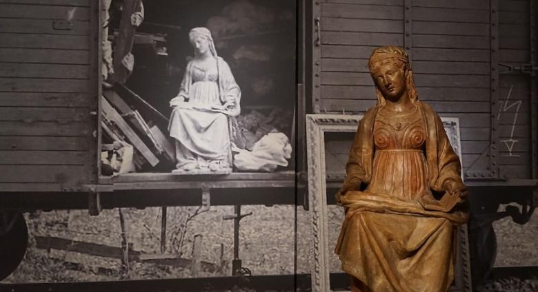 ‘Madonna Enthroned’ by Andrea Briosco detto il Riccio (end of the fifteenth century), with picture of the terracotta statue following its recovery in May 1945. 
