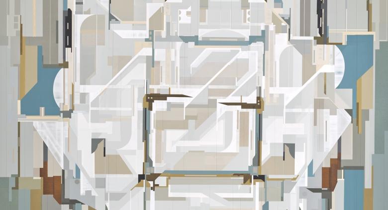 FLYBRIDGE, 2025 acrylic polymer on incised eucalyptus masonite 64h x 64w in