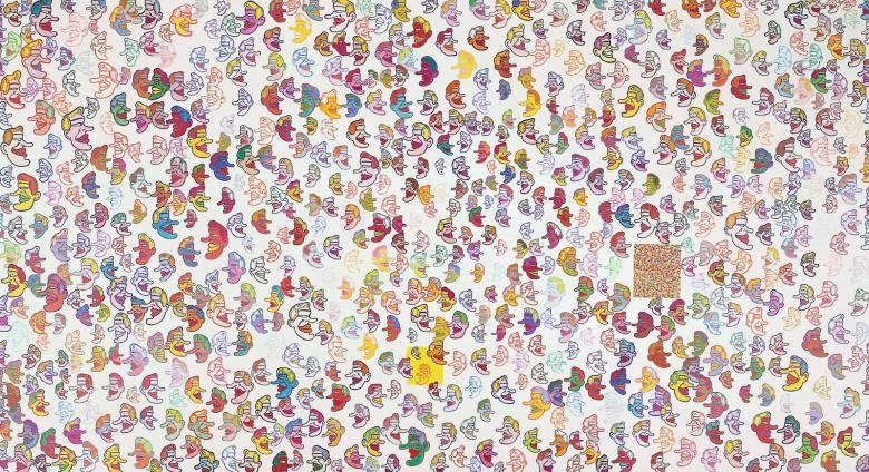 Frank Gaard painting of many small multi-colored line drawings of faces in profile