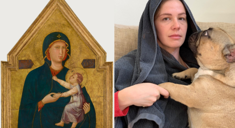 two images: a byzantine painting of the virgin mary holding the baby christ on the left, and a contemporary woman with a towel on her head holding a dog