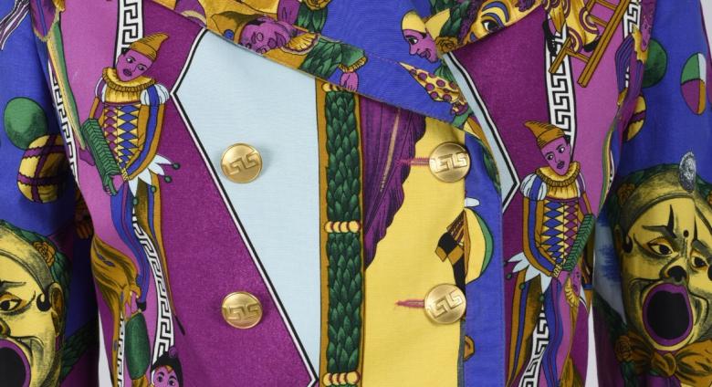 Gianni Versace, Day ensemble, ca. 1990s.Cotton twill, corduroy, purple and blue ornate pattern.