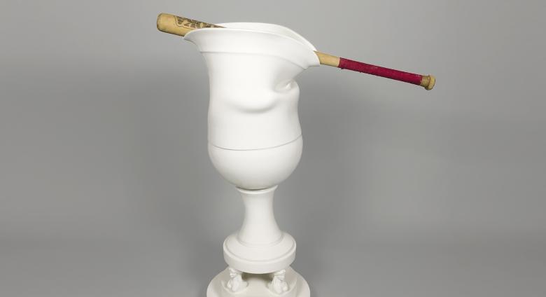 Laurent Craste Iconocraste au bat VII, 2024/25 Porcelain, glaze, and baseball bat 40 3/4 × 33 5/16 × 14 ¾ inches Courtesy of the artis