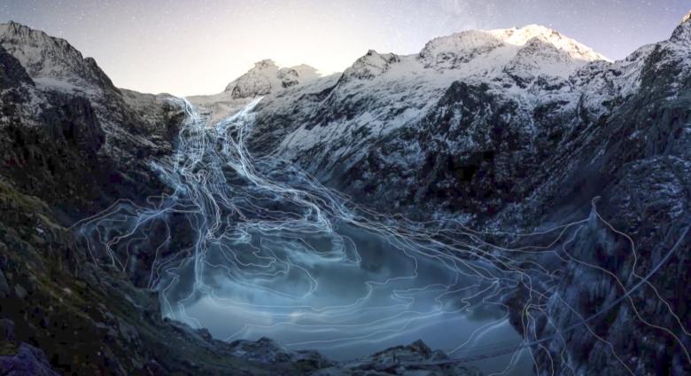 data presented in artistic way, view of mountains with blue lights