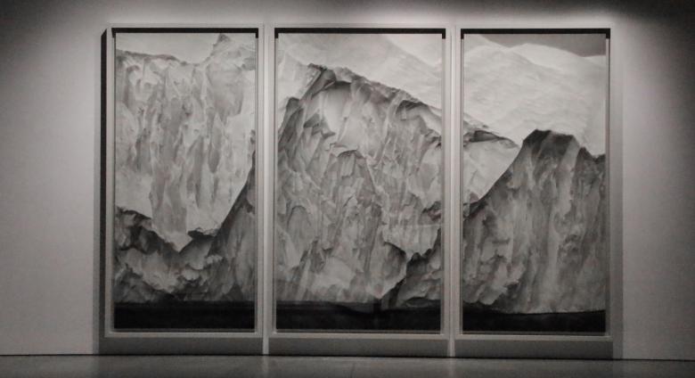 Robert Longo triptych of an iceberg drawn in charcoal