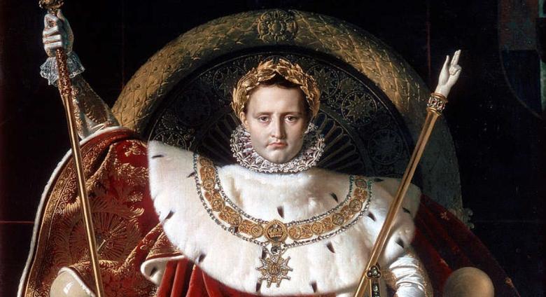 portrait of napoleon seated on his throne with furs and with gold laurel crown and staffs