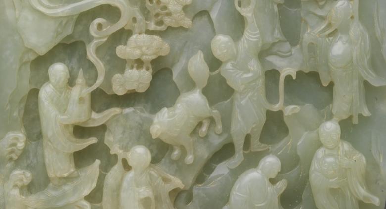 carved jade Table screen with landscape scene and small figures