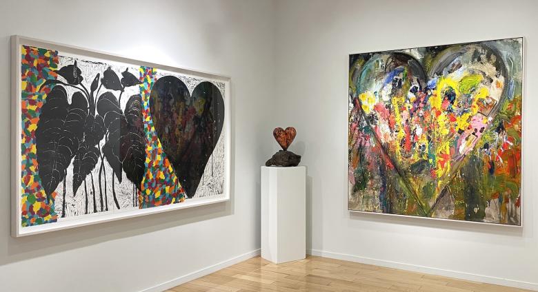 Left to right: Jim Dine, Golden Seoul, 2025; Jim Dine, July (Hot) 2024 (orange version), 2024; Jim Dine, The Doctor Comes to Dance, 2024.