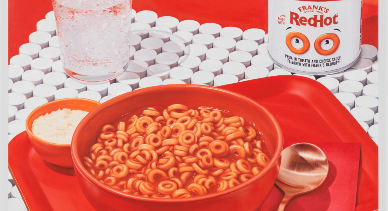 Jamian Juliano-Villani, Spaghettios, 2023. Oil on canvas. 73 x 83 1/2 inches (185.4 x 212.1 cm)