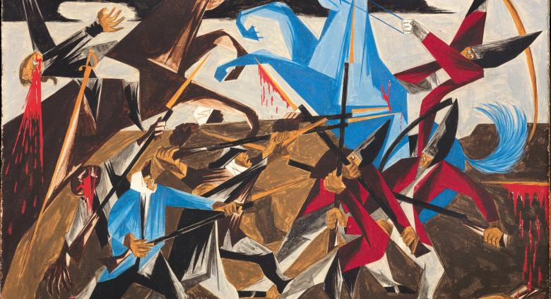 Panel 8, 1954, from Struggle: From the History of the American People shows figures battling on horses