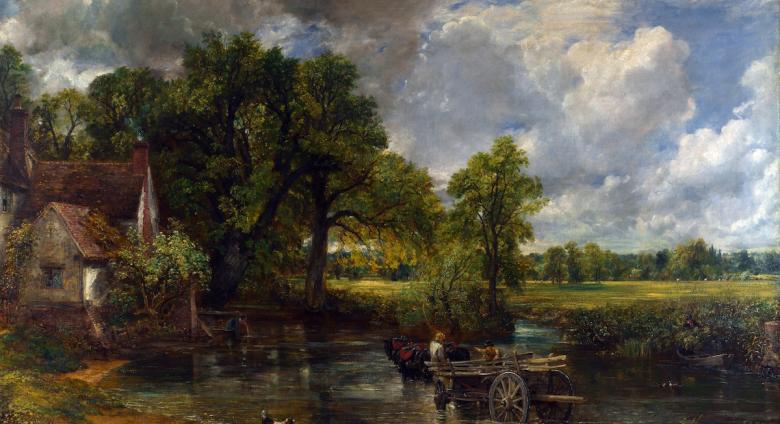 John Constable, The Hay Wain (1821). Oil on canvas, 130.2 × 185.4 cm (51+1⁄4 × 73 in). National Gallery, London