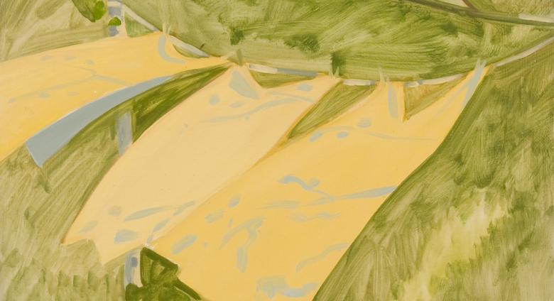 Three Yellow Curtains Blowing, c. 1980, oil on Masonite, 16 1/4 x 18 3/4 inches 