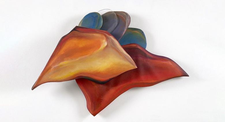 An abstract, geometric painting with a centered collection of three objects-a trapezoidal orange piece, a triangular red piece, and a collection of rounded blue-purple objects.