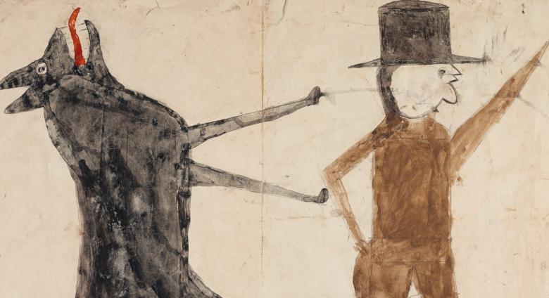 drawing of a black dog with a red tongue and a man in a brown hat