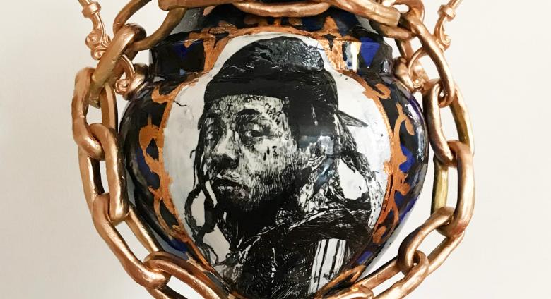detail of Roberto Lugo ceramic vase with a portrait of Lil Wayne