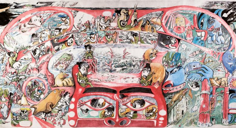 Michael Nicoll Yahgulanaas (Haida, b. 1954), Carpe Fin (detail), 2018. Watercolor and ink on handmade Japanese paper