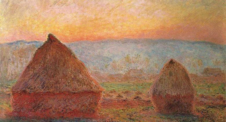 Claude Monet painting of triangular haystacks in the evening light
